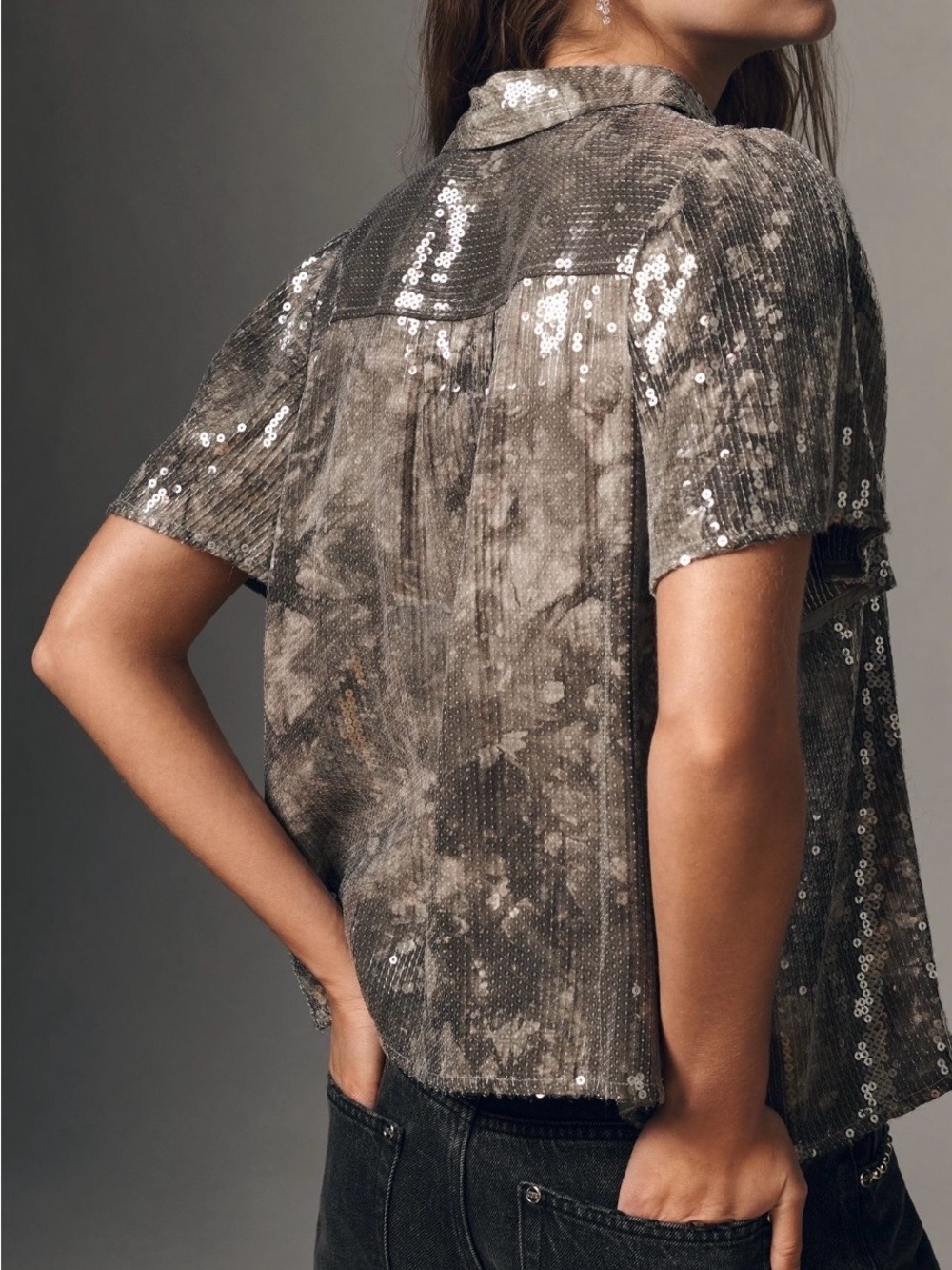 Pilcro (Anthropologie brand) short-sleeve sequin buttondown blouse-new w/out tag - Picture 2 of 9